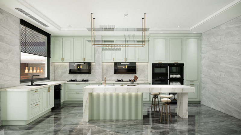 Elegant U-Shaped Mint Green Modern Kitchen Cabinet With Quartz Island