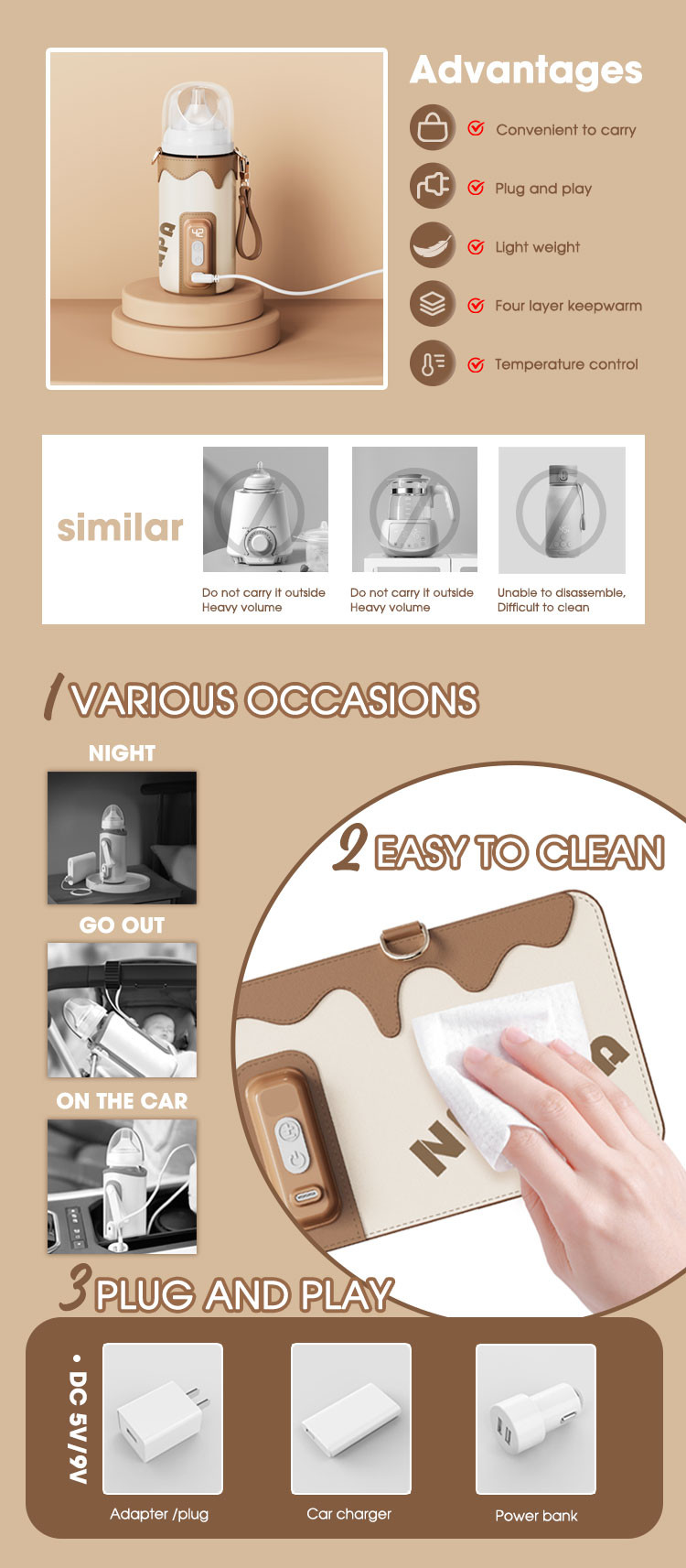 USB Rechargeable Heating Travel Bottle Warmer For Baby Feeding