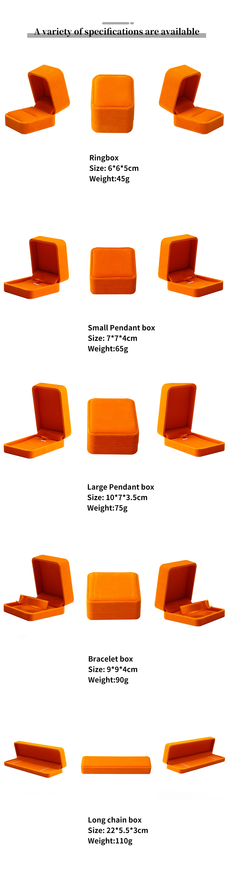 Wholesale manufacturing hign end Jewellery Box packaging Personalized Custom logo Luxury Necklace Bracelet Earring Ring Packaging Velvet orange