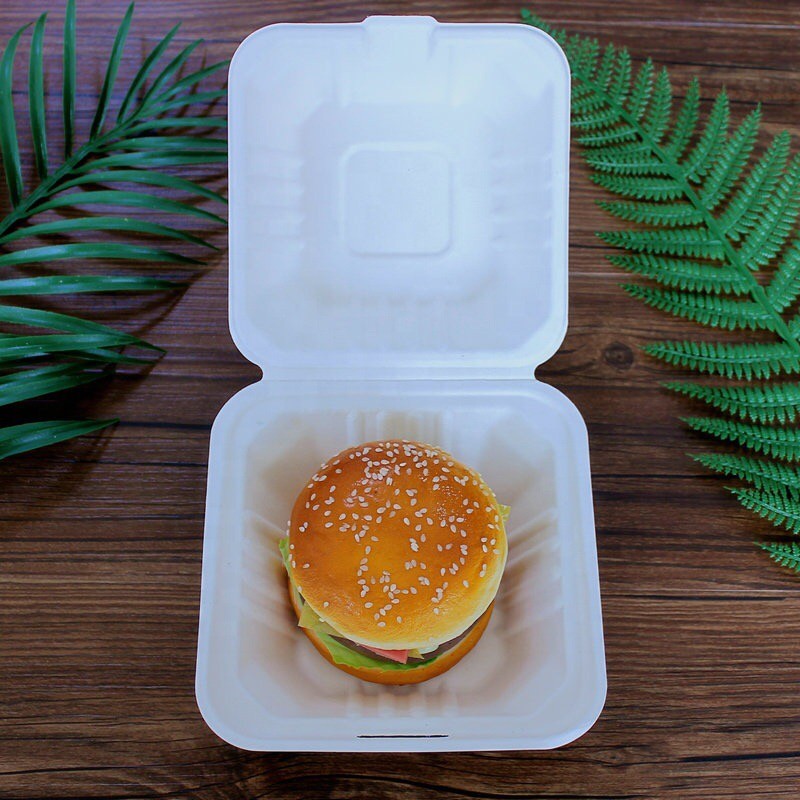 6x6 inch Biodegradable Clamshell Boxes , Bagasse Hamburger Box