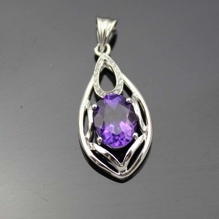Sterling Silver Oval 7mm x 9mm Amethyst Cubic Zircon Pendant (PSJ0426)