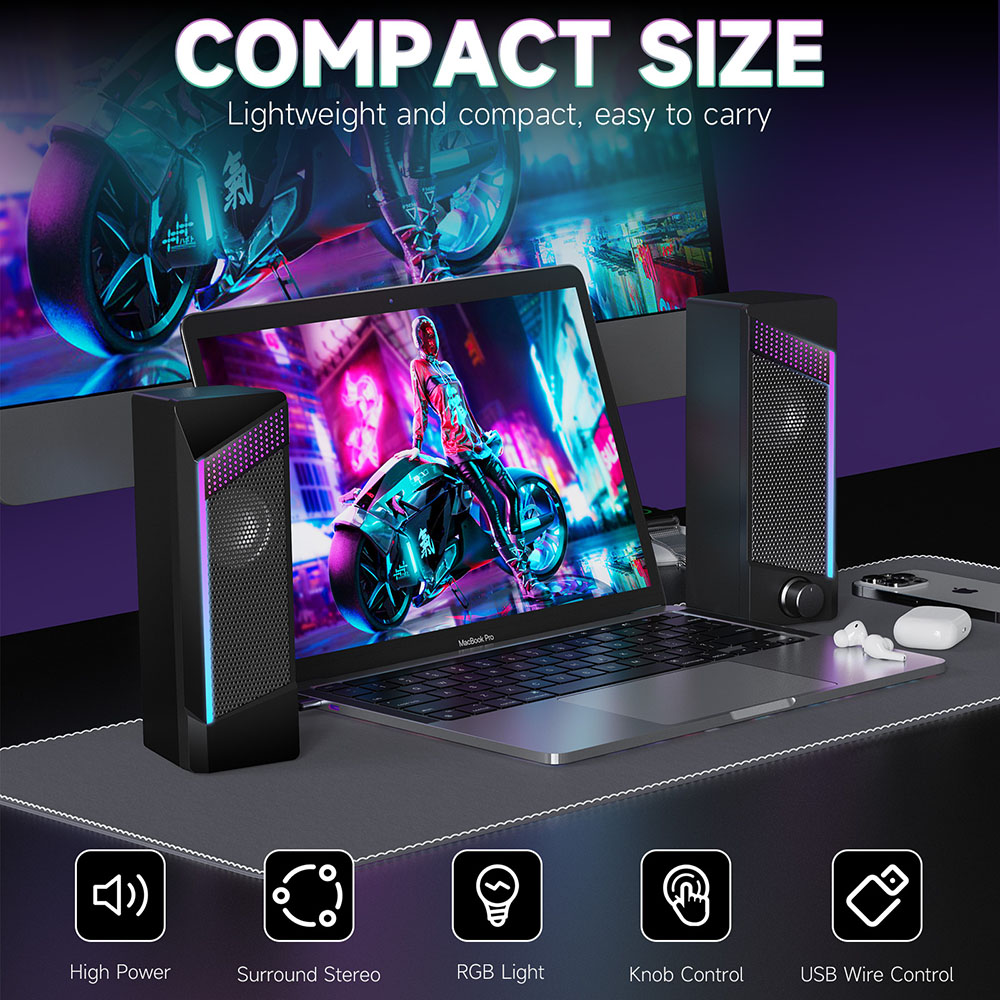 Desktop Gaming Speakers with Rich Bass USB Powered Portable RGB Computer Volume Control