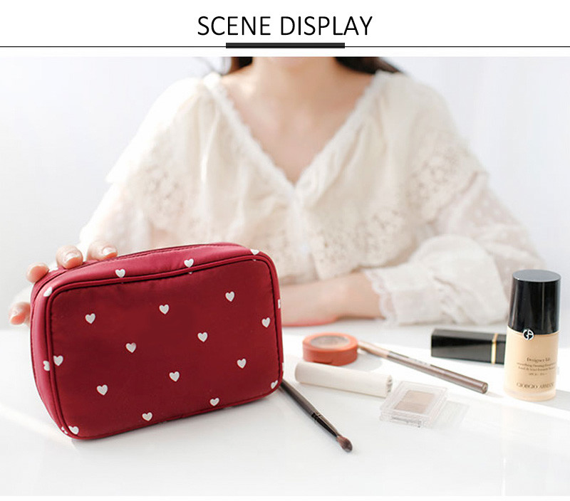Beautiful Printed Pink Heart Satin Fabric Makeup Brush Bag With Zipper