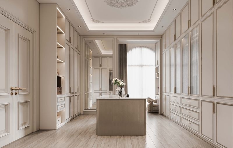 Durable Elegantly Crafted Custom Walk In Closet With Refined Gold Detailing
