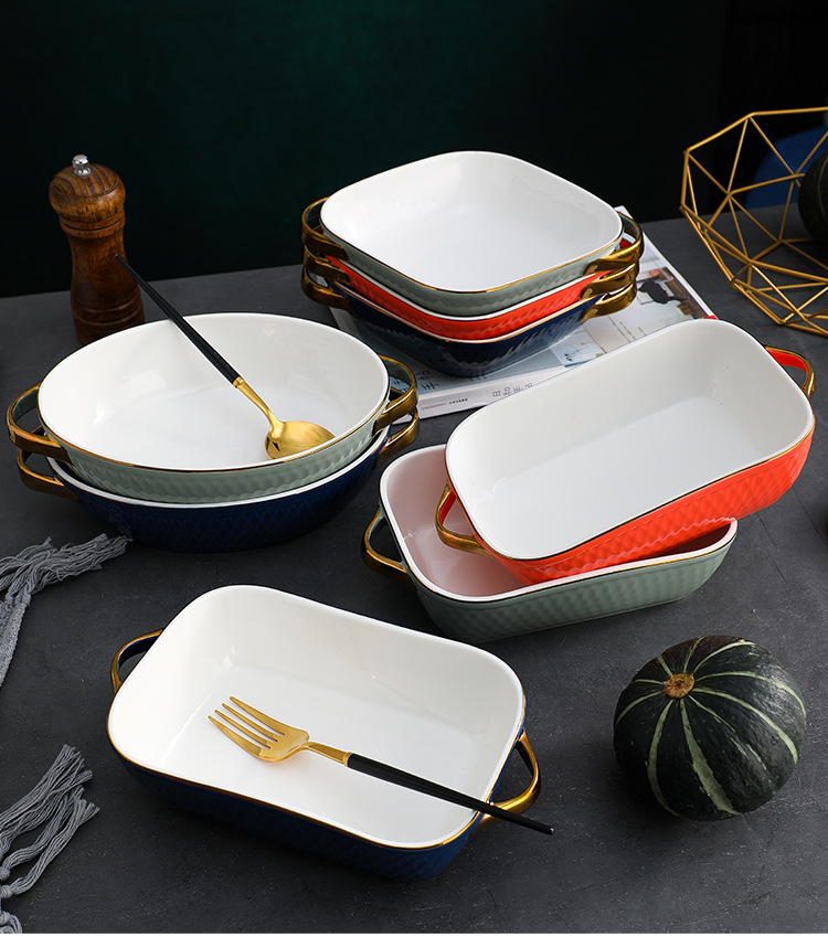 Non Stick Kitchen Ceramic Baking Pans With Gold Rim Nordic Style
