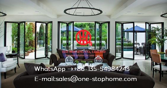 Thermal break aluminum frame bi-folding door in living room with build in shutter,bi Fold Door Design Exterior Patio