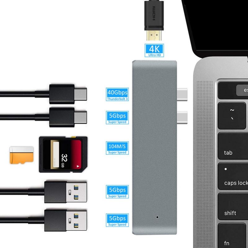 7-In-2 Hub Docking Station with Dual Type C Male Input and USB 3.1 Interface Type