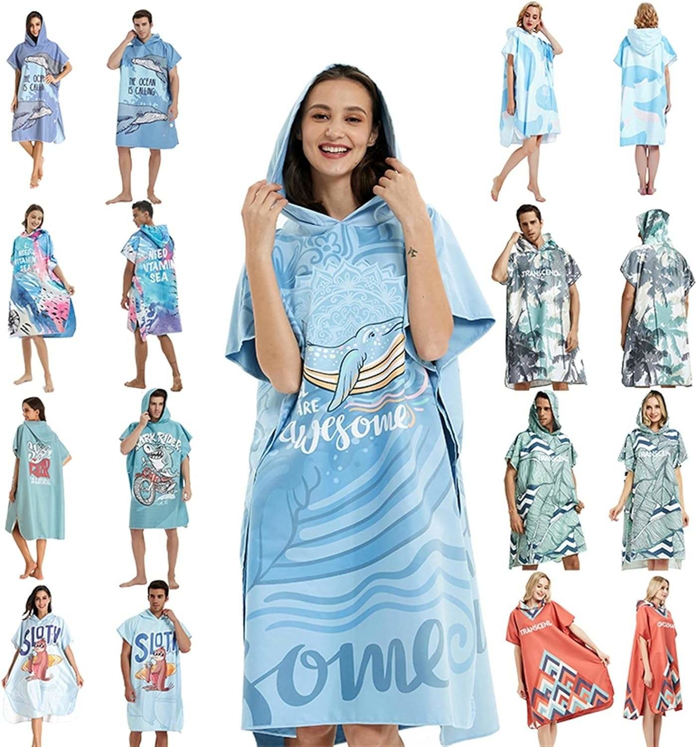 Adult Windproof Outdoor Change Cloth Bath Robe Printed Surf Hooded Poncho Towels