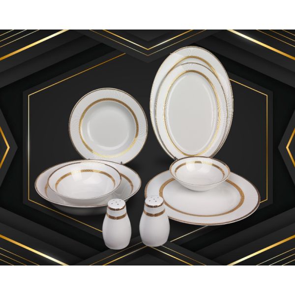 35pcs superwhite porcelain dinning set with blue embossed flower and gold patterm