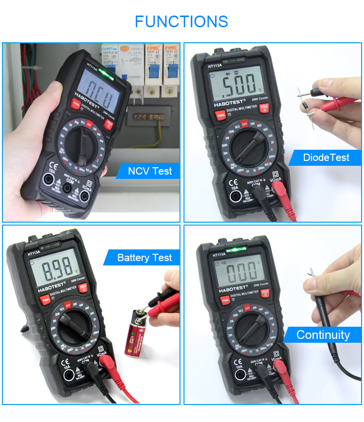 2000 Counts 600V 10A Multimeter Accessories , HT113A Digital Multimeter Tester
