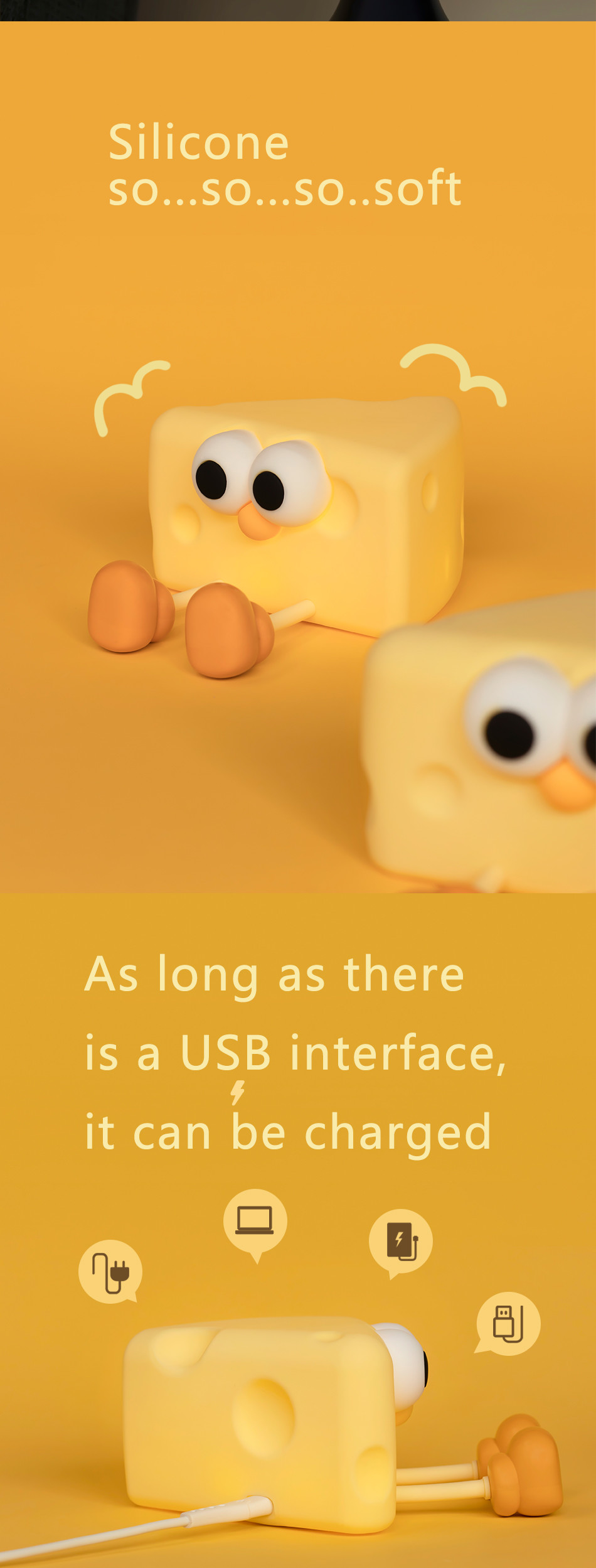 Funny Rechargeable LED Night Lamp Cute Cartoon Cheese Silicone Table Lamp Touch Sensor Animals DIY Kids Bedroom Gift Children