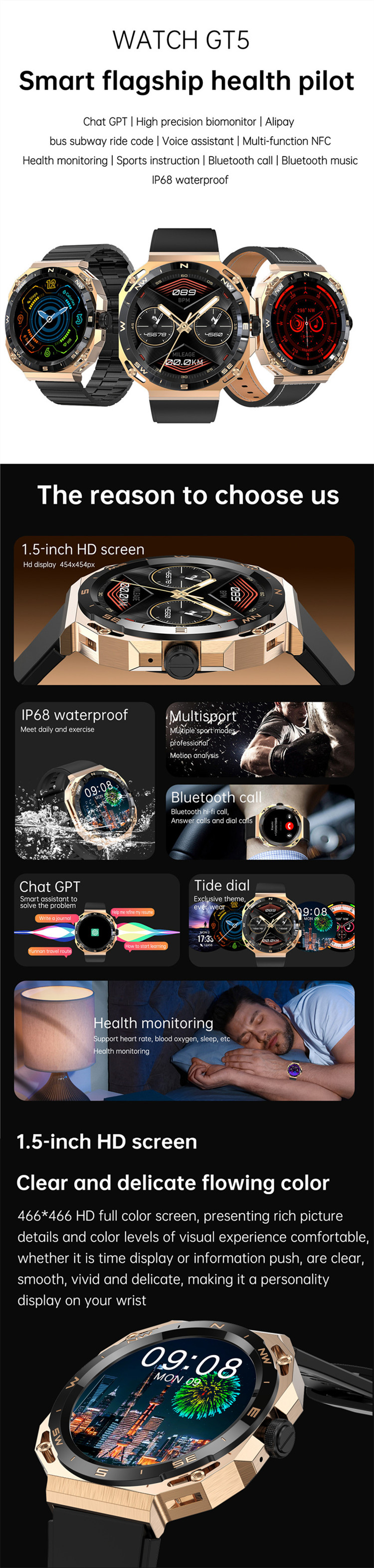2023 Sport Smartwatch for Men GT5 Smart Watch with Android OS and Sport Pedometer Function