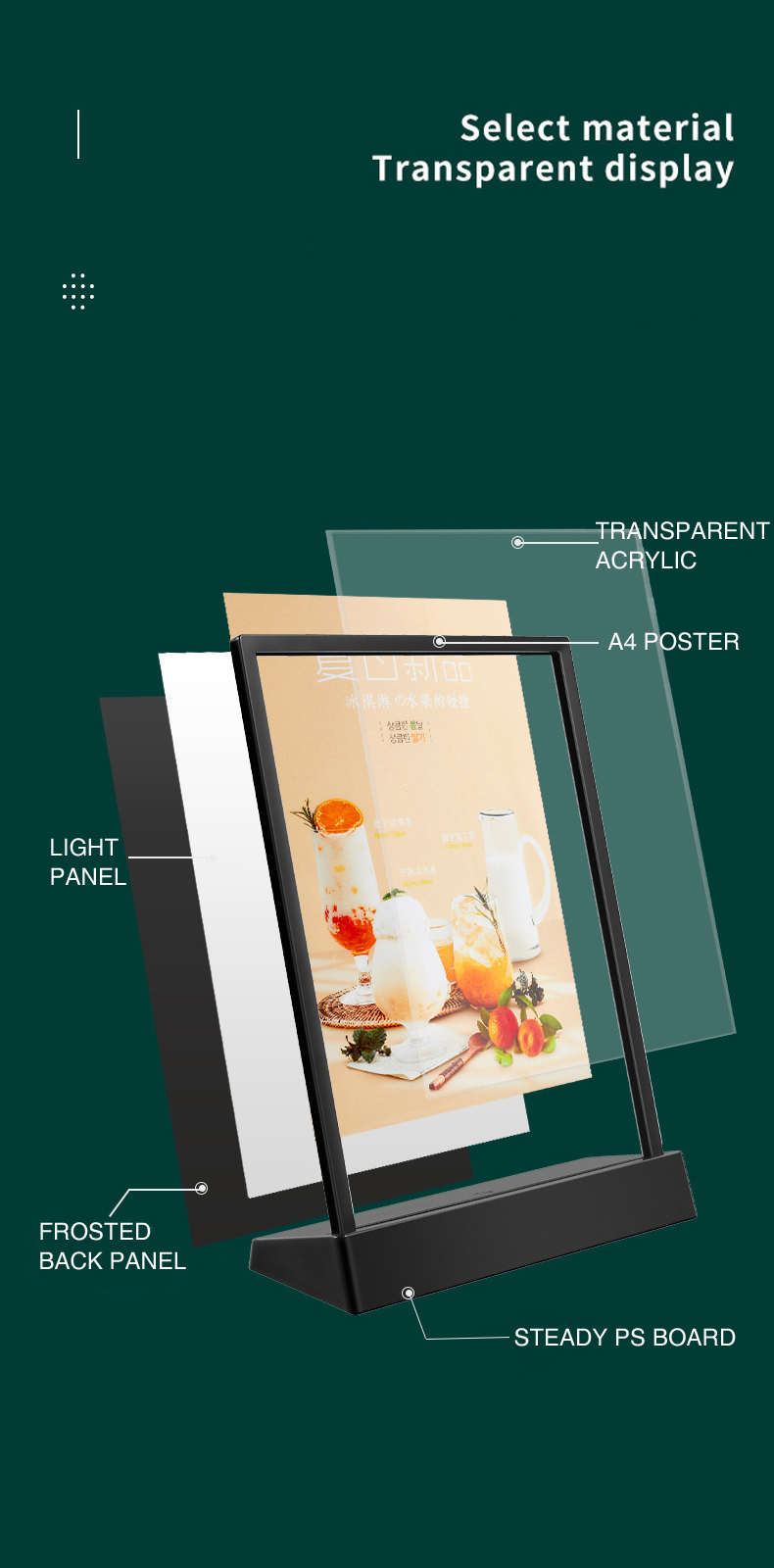 A4 Size LED Menu Stand Countertop Acrylic Holder Display With 7 Colors