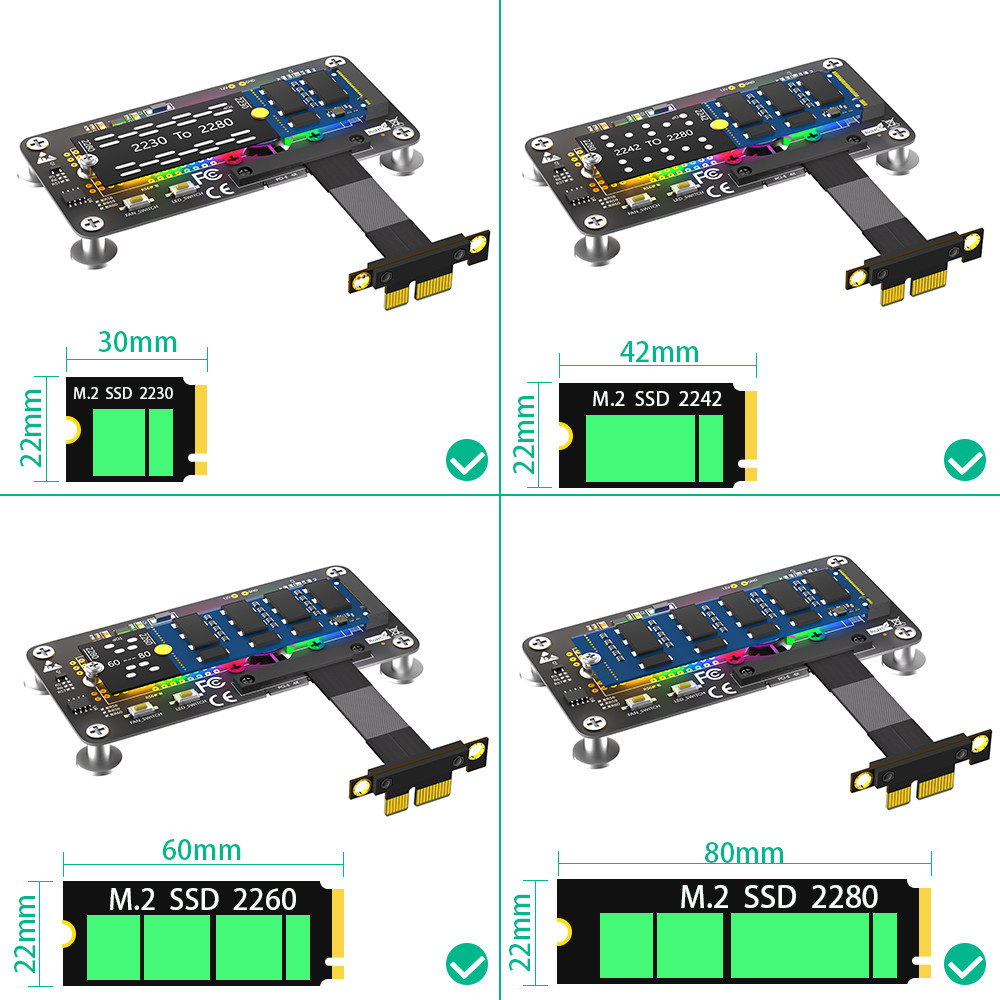 PCI- E X1 to M.2 NVME NGFF SSD Adapter Extension Cable With Cooling Fan and Automatic Discoloration LED.