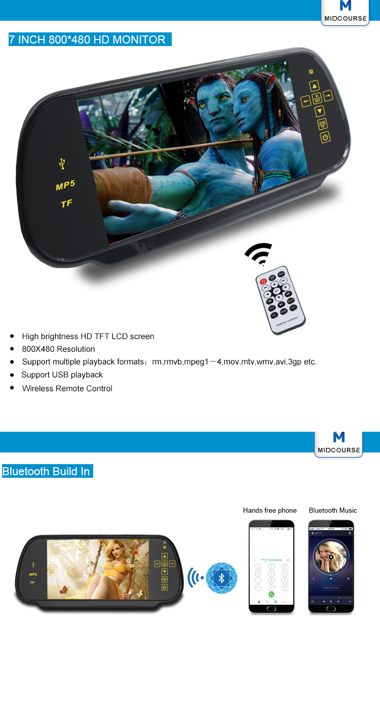 Universal 7 inch lcd car monitor for rear view mirror with mp5 / FM transmitter / USB / Bluetooth / mp3