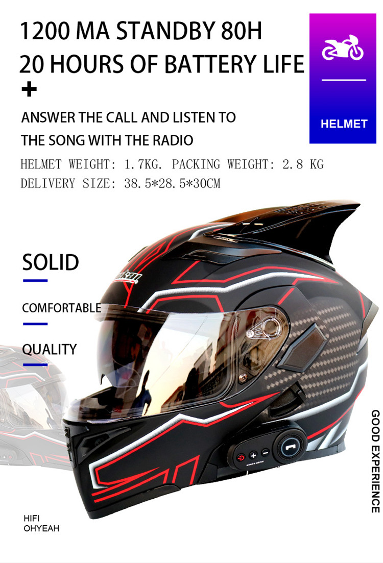 DOT Approval Double Lens M/L/XL/XXL Motorcycle Smart Flip Up Intercom Wireless Blue tooth Helmet black color