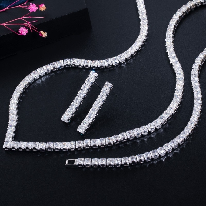White Gold Color Luxury Bridal CZ Crystal Necklace and Earring Sets Big Wedding Jewelry Sets For Brides