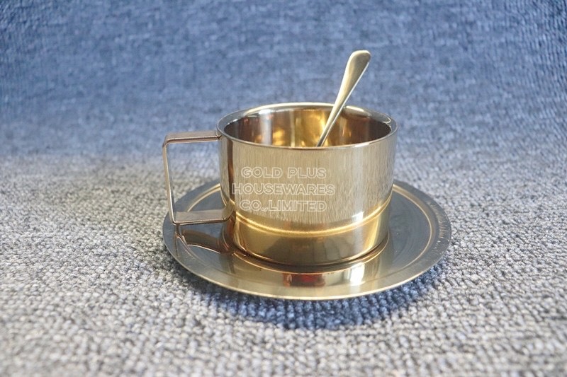 Breakfast Set Dessert Plate 200ml Golden Metal Coffee Cup With Tray Set