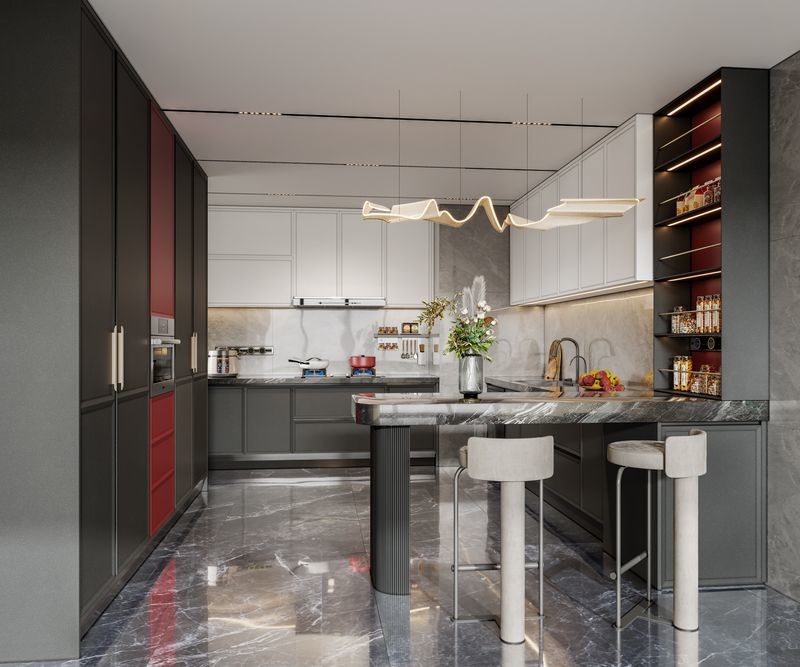 Fadior Modern Stainless Steel Kitchen Cabinet with Blush Red Accent And Extended Sinstered Stone Island