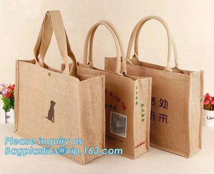 Natural Burlap Tote Shopping Bags Reusable Jute Bags with Full Gusset with Handles Laminated Interior tote shopper pack