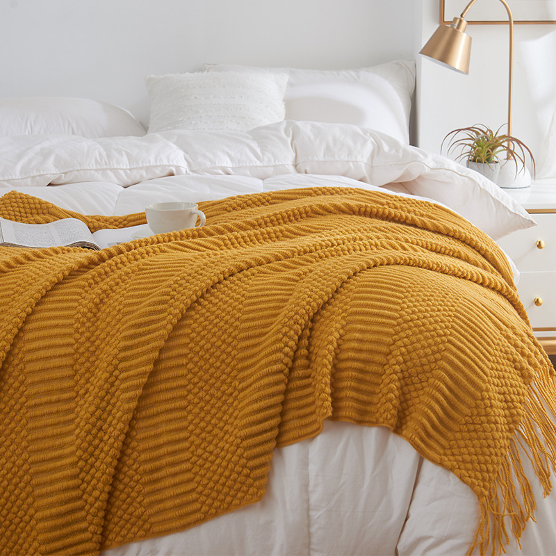 Knitted Wool Throw Blanket with Acrylic Tassel Simple Style Custom Solid Sofa Blanket
