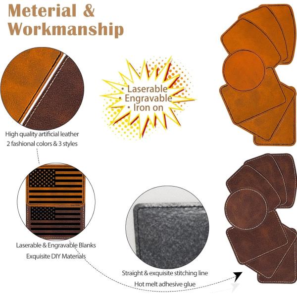 Laser Engraving Blanks Leatherette Khaki & Brown Hat Patches - PU Leather Iron On Hat Patches For DIY Custom Laserable Engravable Craft Gifts
