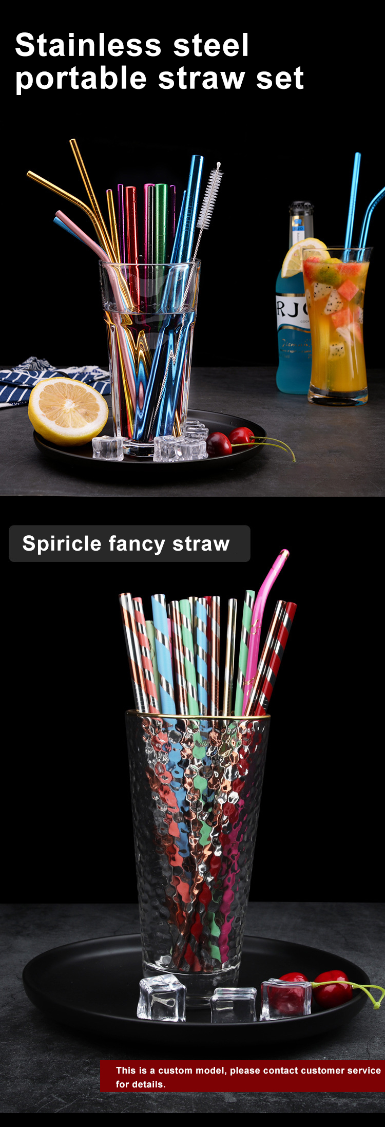 OEM 2in1 Coffee Cocktail Long Stainless Steel Straws With Spoon