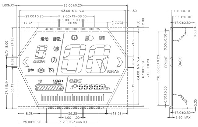 Corner Cut Monochrome LCD Panel TN Type , speedometer lcd display For Odo Meter
