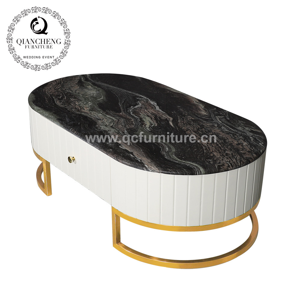 Metal Frame Marble Living Room Table With MDF Cabinet 130x70x44cm