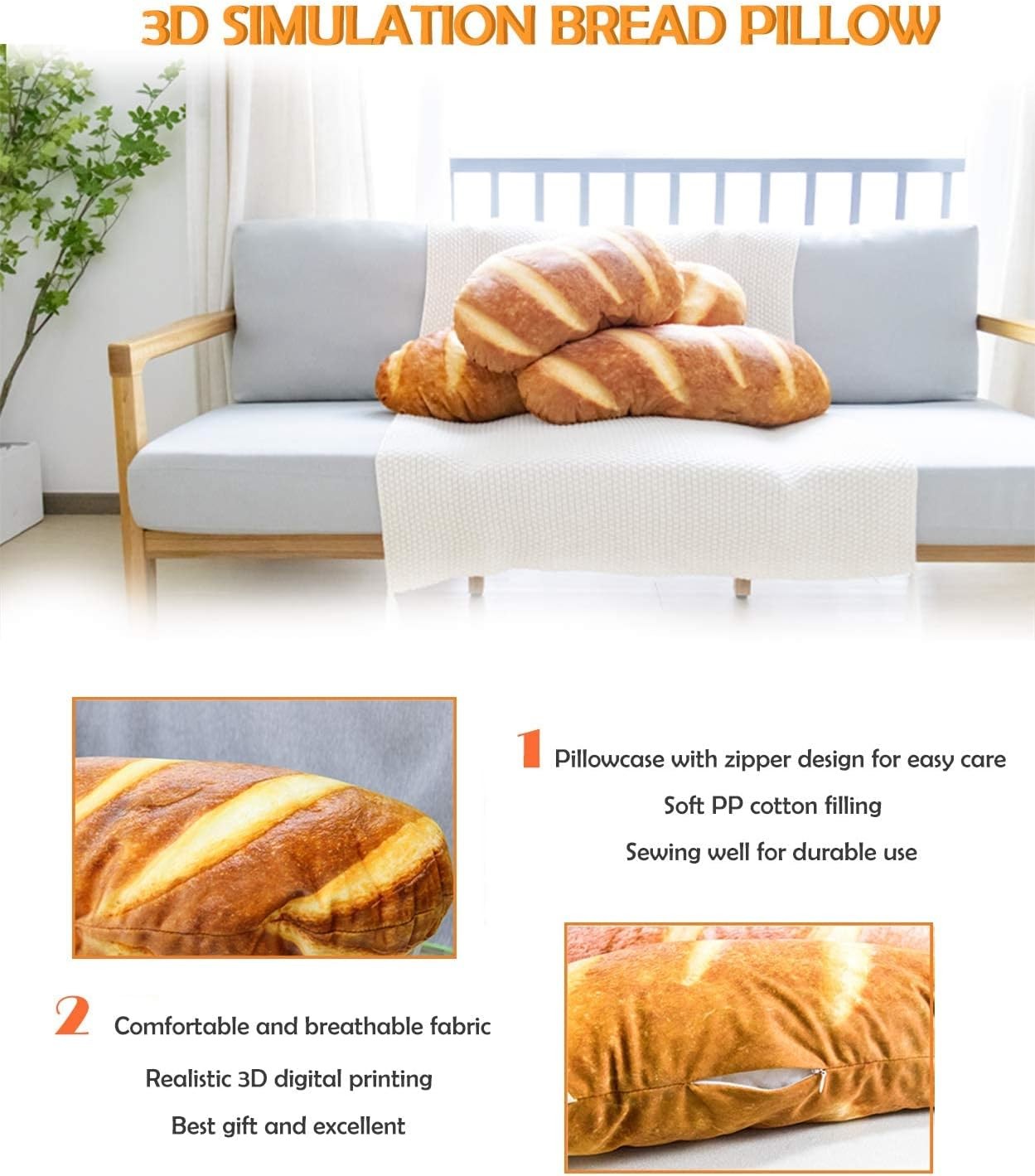 40 in 3D Simulation Bread Shape Pillow Soft Lumbar Baguette Back Cushion Funny Food Plush Stuffed Toy
