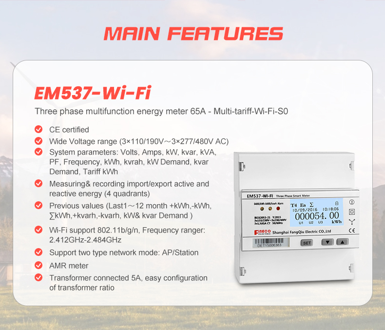 EM537 WiFi 3*133/230V 3*230/400V 5 65 A Wireless KWH Digital Bidirectional Power Meter