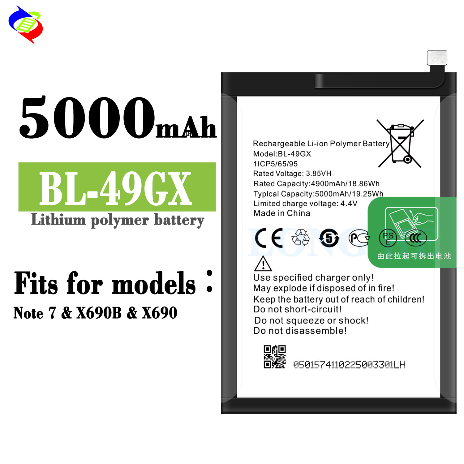 5000mAh BL-49GX X690 X657 Smart 5 Mobile Phone Battery for Infinix Note 7 Black Color