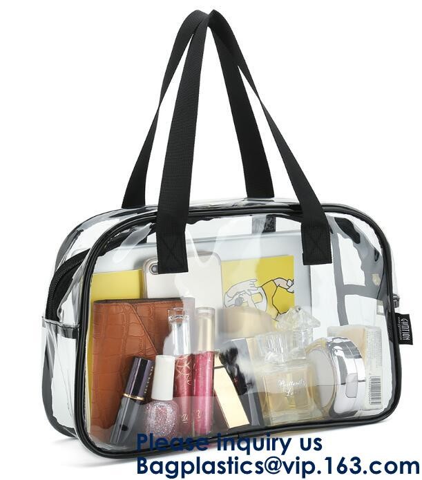 Beach Bag Clear PVC Bag Tote With Inner Pocket And Zipper Closure,PVC Bag Beach Tote With Black Handles, Bagease