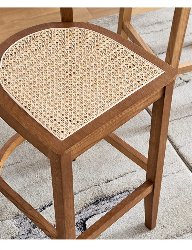 Solid Wooden Cafe Bar Stools Rattan Backrest Minimalist Counter Stools Art Style