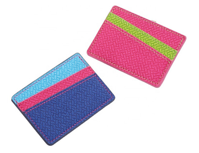 Rectangle Credit Card Organizer Wallet PU Leather Weave Wallet Debossing Logo