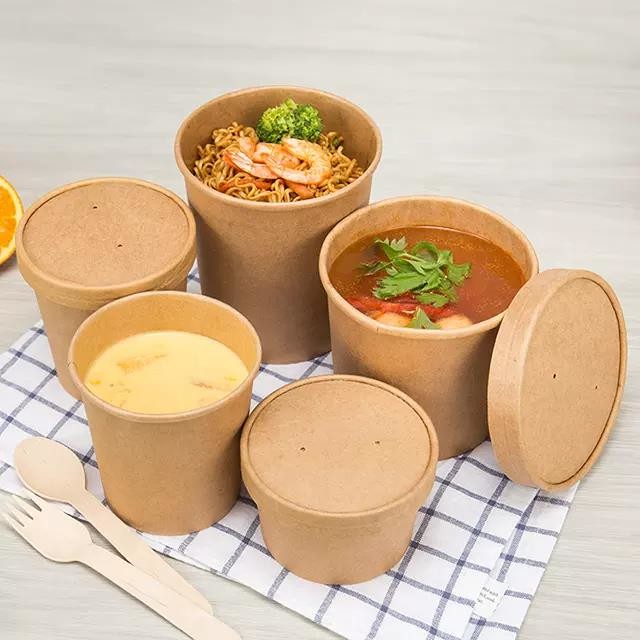 Degradable Disposable Kraft Paper Takeaway Hot Soup Cups With Lids