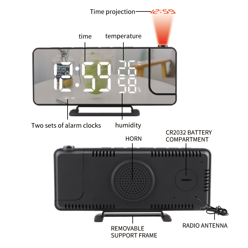 Student Desktop Room Thermometer LED Projection Alarm Clock With Makeup Mirror