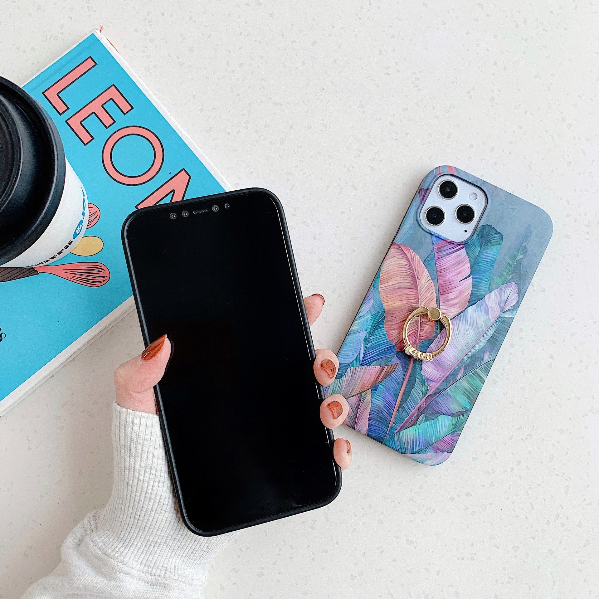 Anti Drop Finger Grip Phone Case IMD TPU Floral Pattern Ring Holder for Iphone 12