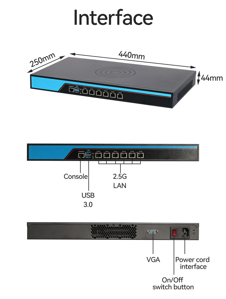 Intel Celeron J6412 Quad Core 4 Thread 6 LAN Linux 1U Server With Console And Fan