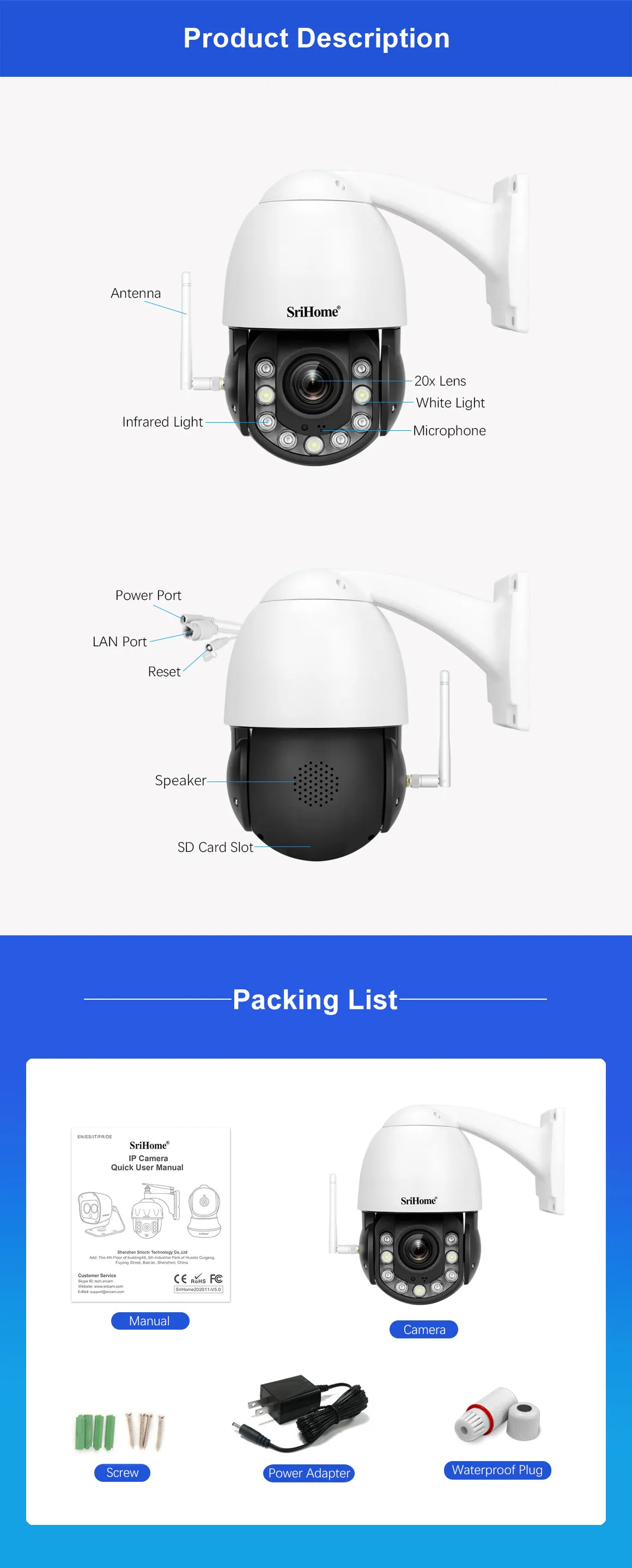 5MP Wireless CCTV Outdoor Camera 20x Zoom Wifi IP Network PTZ Camera Support 360 Degree Rotation