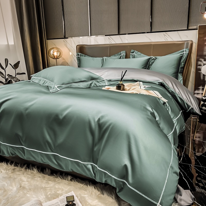 Home 200-Count Tencel Embroidered Double-Sided Ice Silk Sheets and Silk Smooth Nude Quilt Bedding Set
