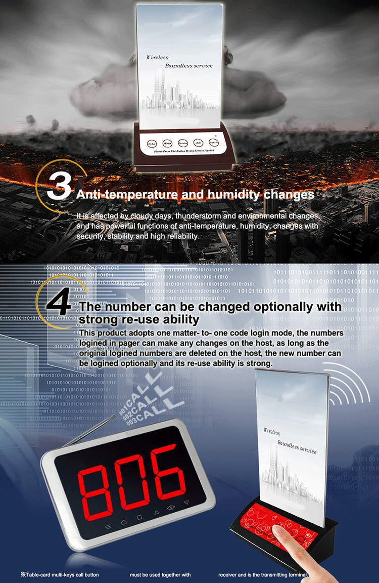 restaurant wireless call system 5 keys call waiter button