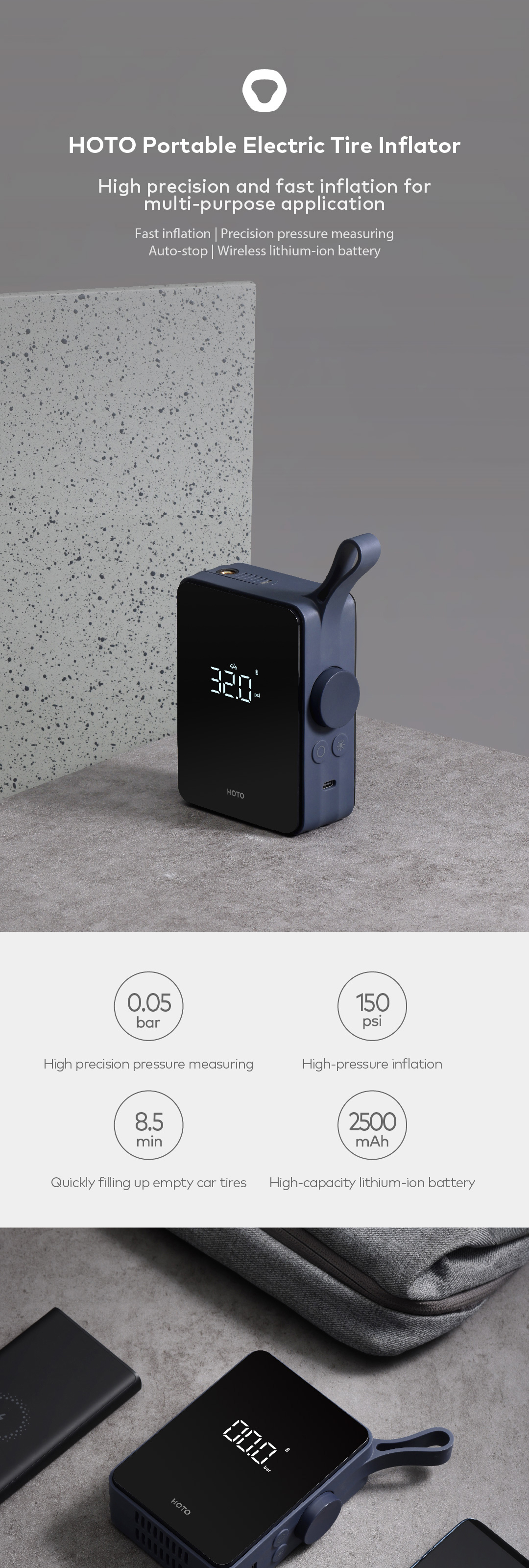 2021 HOTO Portable Electric Tire Inflator Wireless Car Tire Inflator Pump Smart Digital Xiaomi Tire Inflator