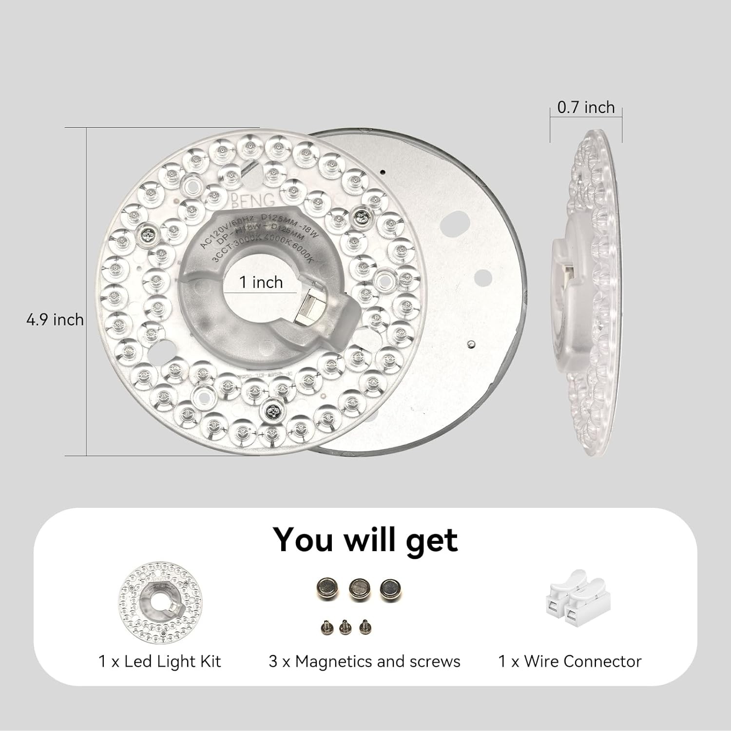 4.92” Universal Ceiling Fan Led Light Replacement for Ceiling Fan Flush Mount Ceiling Light, 18W 3CCT 3000K 4000K 6000K 1500LM CRI90 Dimmable