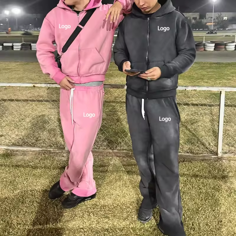Customized Logo Mens Acid Wash Tracksuit Zip Up Retro Jogging Suits Loose Fit