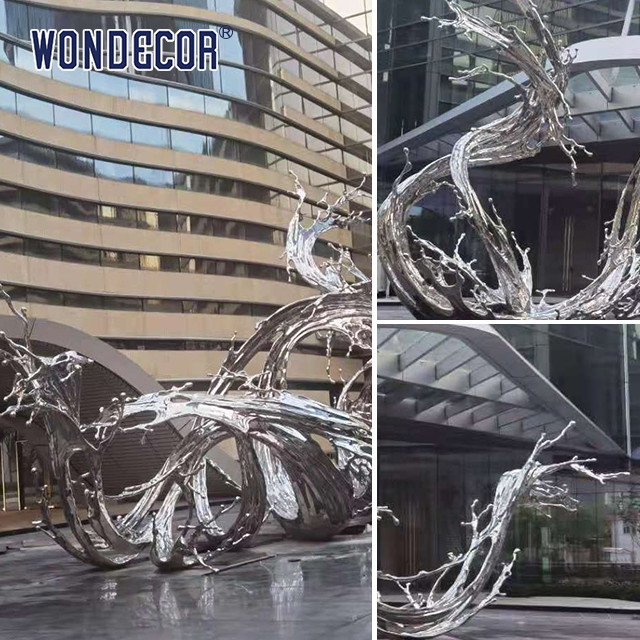 Large Outdoor Square Stainless Steel Abstract Sculpture Metal Casting Wave And Spray Art