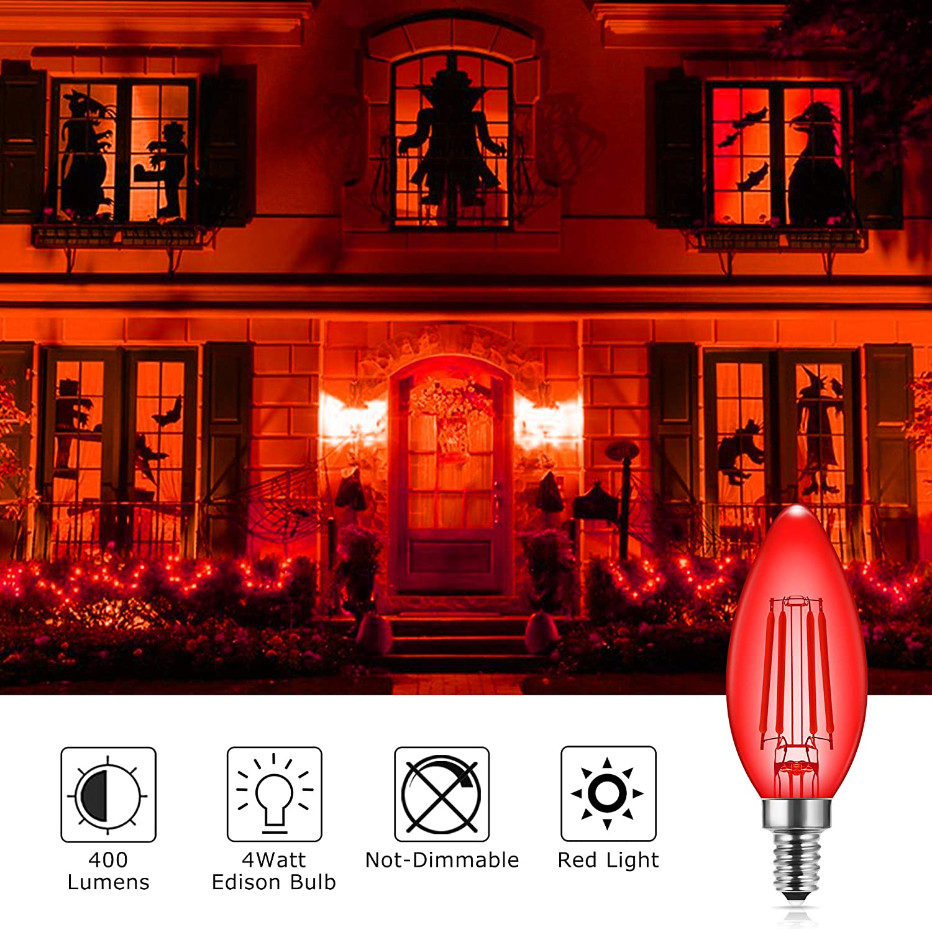 4W Red Colored Edison Bulbs 2400K C35 E12 Party Red Candelabra Light Bulb