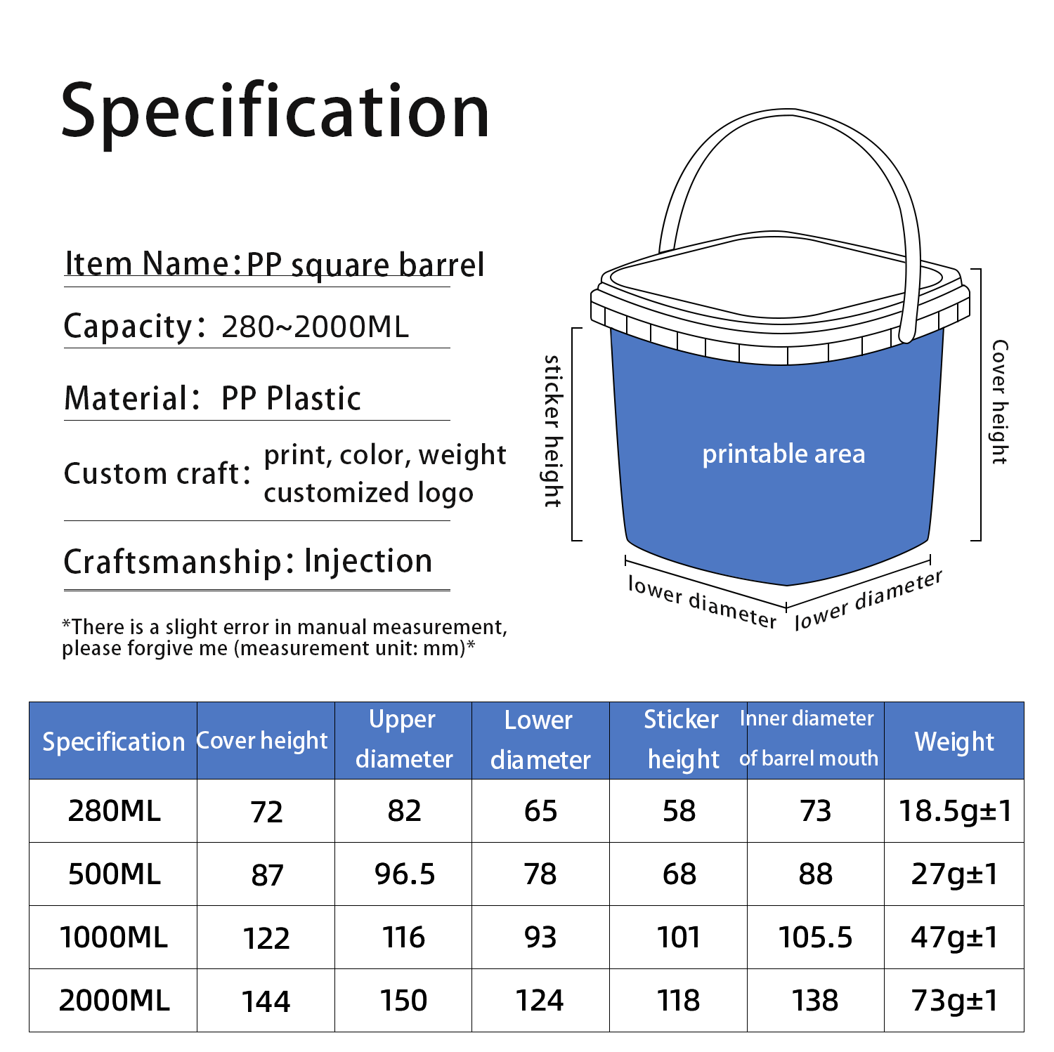 Bucket Clear Plastic Protein Tubs Puffs Food With PP Lid Customized Logo Packaging