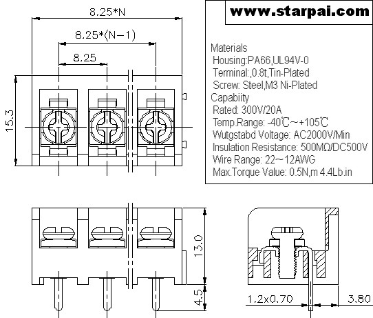 Barrier terminal block HB825 Pin pitch: :8.25mm