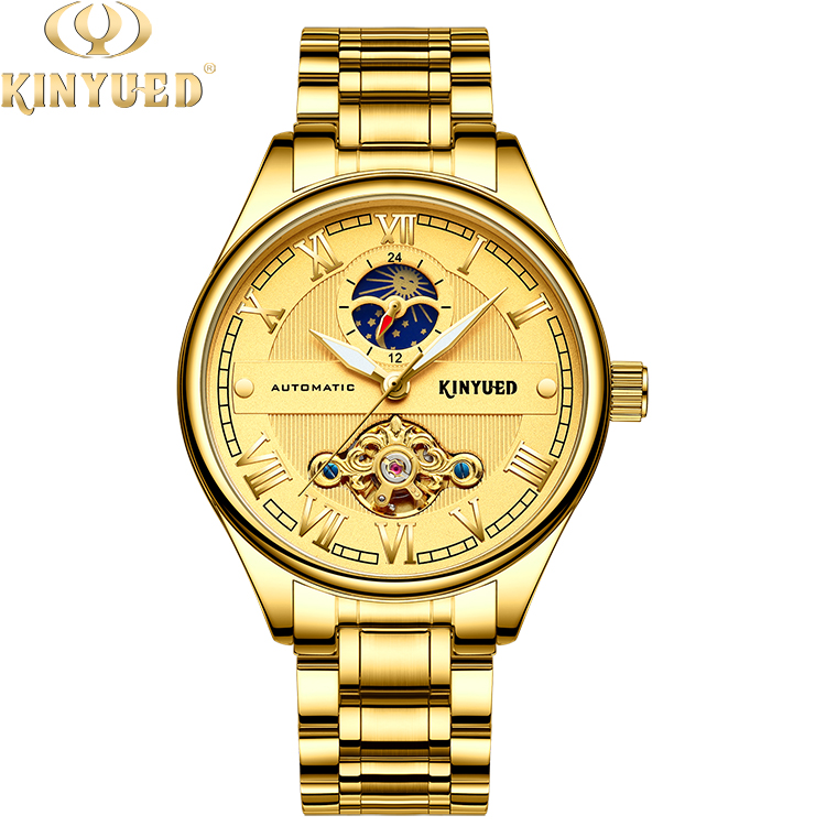Brand KINYUED automatic skeleton watch gold dial moon phase tourbillon mens automatic watch